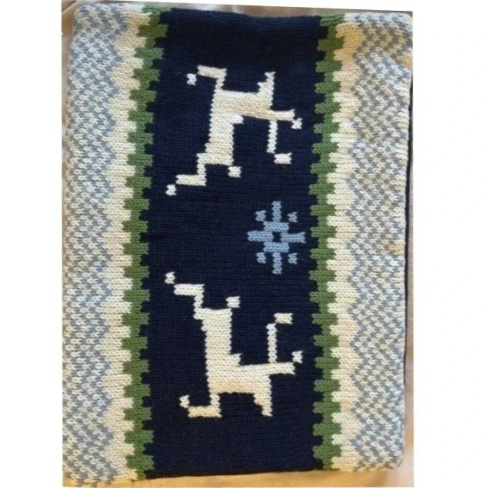 Garnet Hill Reindeer Pillow Cover 12x16 Navy Green Knit Wool Fair Isle NWT